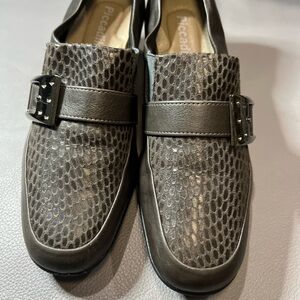 Women's Gray Snake-Print Moccasins with Studded Buckle